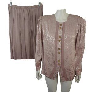 Vintage Tracy Richards Pink Two Piece Damask Skirt Suit Set Women's Petites